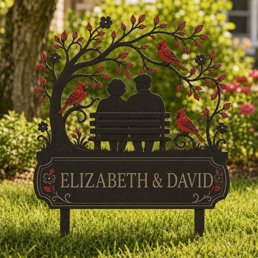 Personalized Couple Anniversary Garden Stake – Custom Name Cardinal Bench Sign, Gift For Parents