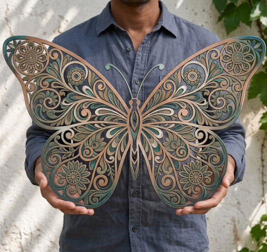 Large Butterfly Metal Wall Art – Ornate Filigree Floral Patina Decor, Gift For Garden Wall Or Outdoor Patio