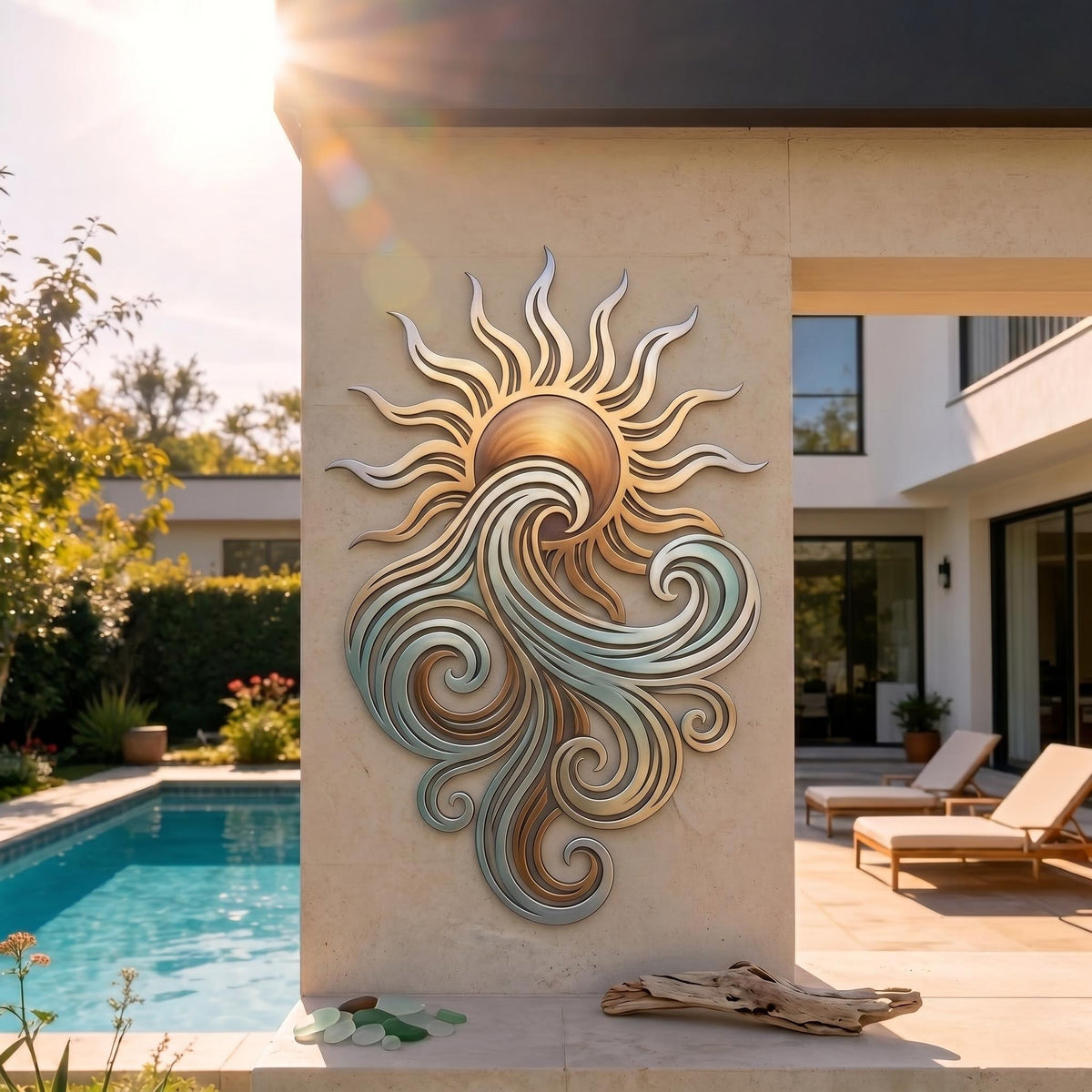 Sun And Wave Metal Wall Art – Modern Coastal Swirl Sculpture, Housewarming Gift For Poolside Or Outdoor Wall