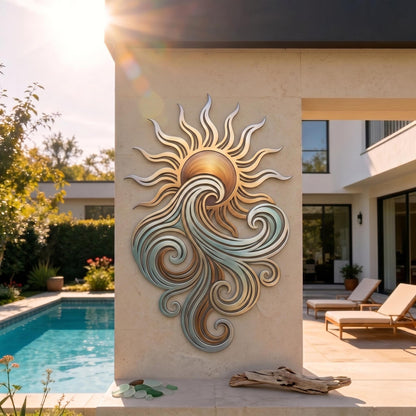 Sun And Wave Metal Wall Art – Modern Coastal Swirl Sculpture, Housewarming Gift For Poolside Or Outdoor Wall