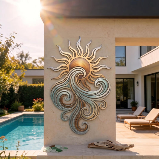 Sun And Wave Metal Wall Art – Modern Coastal Swirl Sculpture, Housewarming Gift For Poolside Or Outdoor Wall