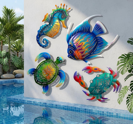 Coastal Sea Life Metal Wall Art Set – Colorful Fish Turtle Crab Decor, Gift For Beach Lover