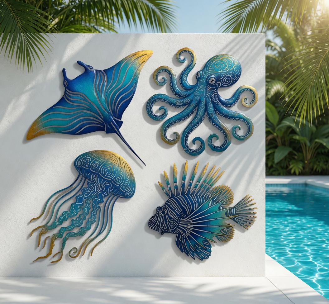 Marine Life Metal Wall Art Set – Coastal Ocean Creature Decor, Beach House Gift For Sea Life Lovers