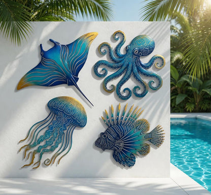 Marine Life Metal Wall Art Set – Coastal Ocean Creature Decor, Beach House Gift For Sea Life Lovers