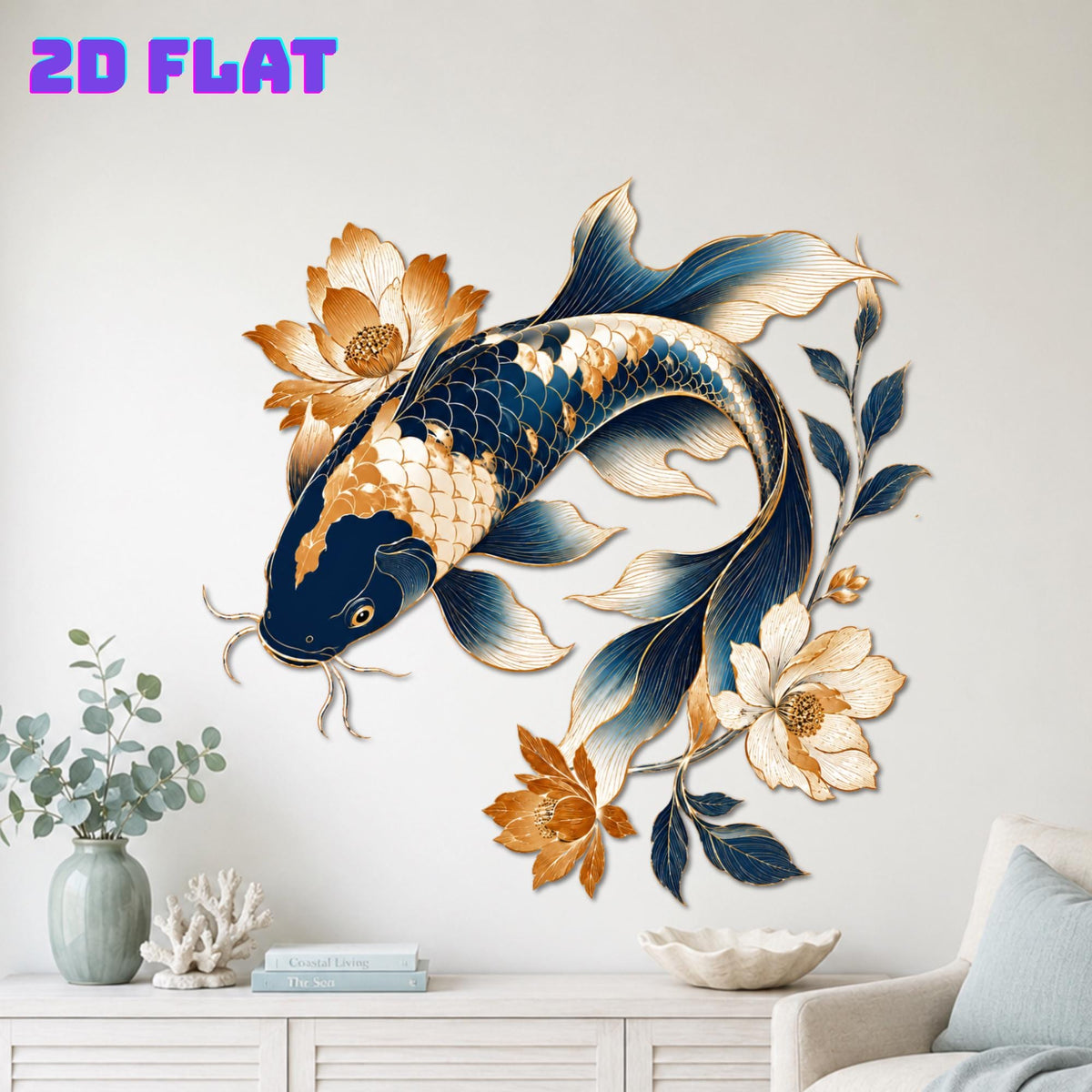 Koi Fish Metal Wall Art – Navy And Gold Floral Japanese Decor, Gift For Zen Living Room Or Housewarming