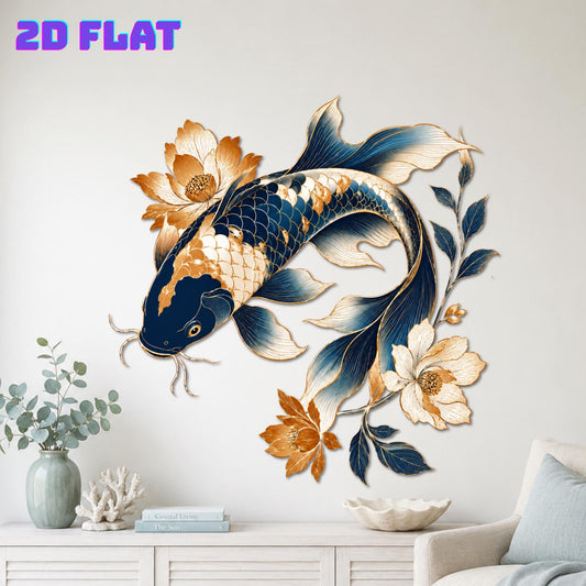 Koi Fish Metal Wall Art – Navy And Gold Floral Japanese Decor, Gift For Zen Living Room Or Housewarming