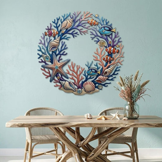 Coral Reef Wreath Metal Wall Art – Colorful Coastal Beach House Decor, Ocean Lover Gift