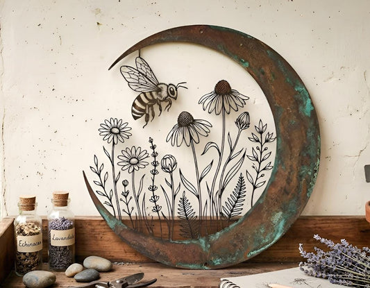 Crescent Moon Bee & Wildflower Metal Wall Art – Botanical Cottage Garden Decor, Gift For Gardener