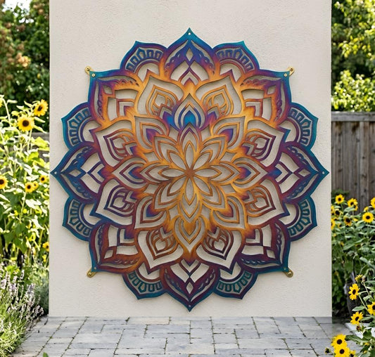 Lotus Mandala Metal Wall Art – Colorful Bohemian Outdoor Decor, Gift For Garden Lover