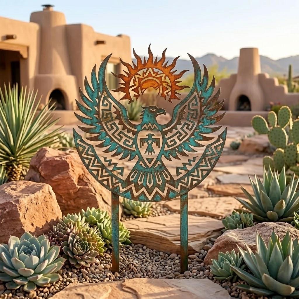Southwest Thunderbird Metal Garden Stake – Patina Aztec Eagle Yard Art, Gift For Desert Ranch Or Rock Garden