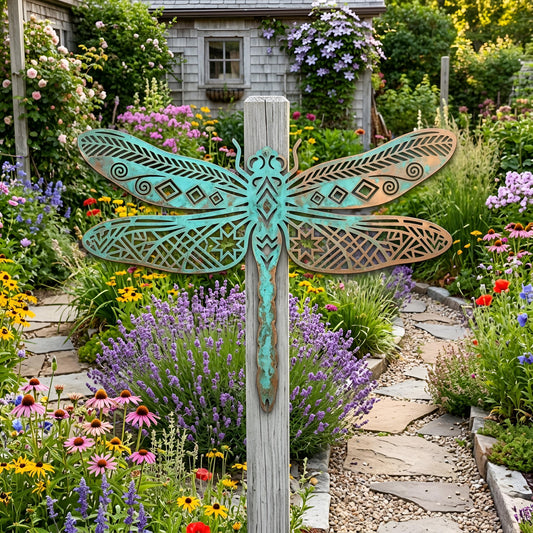 Tribal Dragonfly Metal Garden Art – Verdigris Patina Fence Sign, Gift For Garden Lover