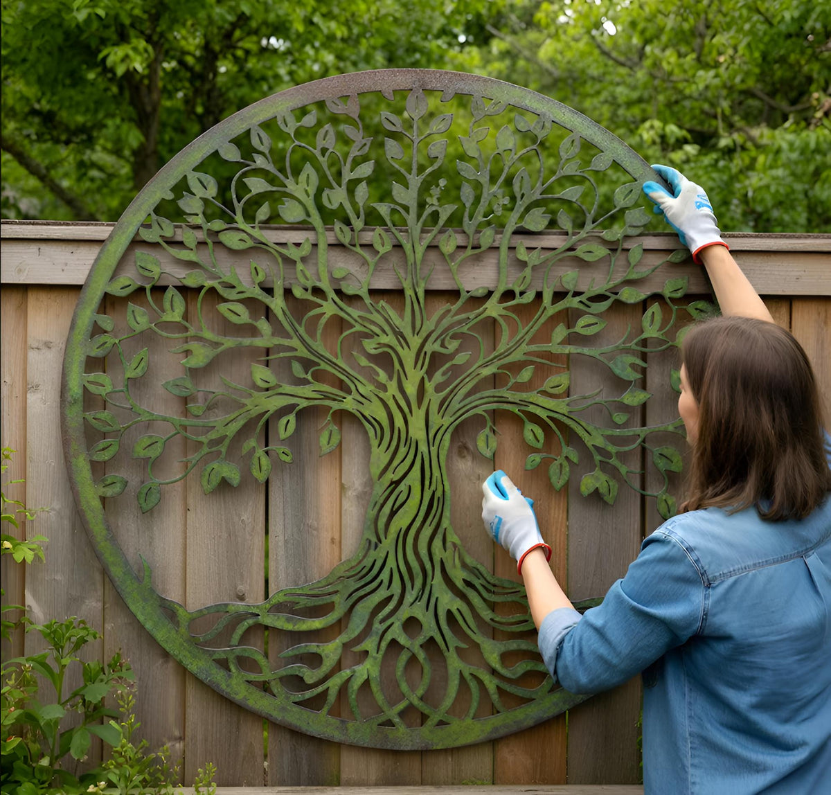 Large Tree Of Life Metal Wall Art – Rustic Patina Garden Fence Decor, Nature Inspired Gift
