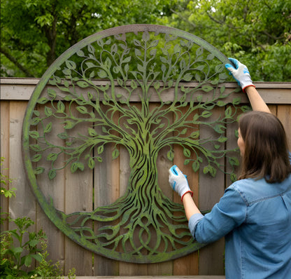 Large Tree Of Life Metal Wall Art – Rustic Patina Garden Fence Decor, Nature Inspired Gift
