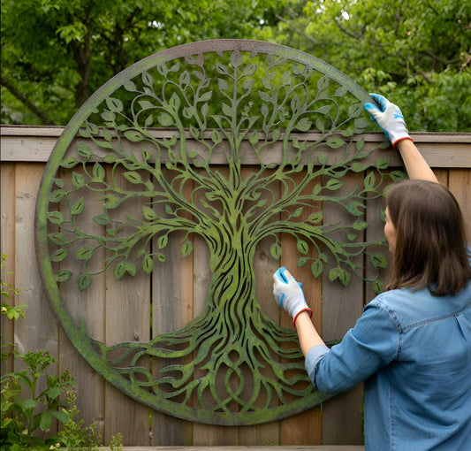 Large Tree Of Life Metal Wall Art – Rustic Patina Garden Fence Decor, Nature Inspired Gift