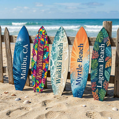Personalized Beach Surfboard Metal Sign – Custom Beach Name Coastal Wall Decor, Gift For Beach House Or Surfer