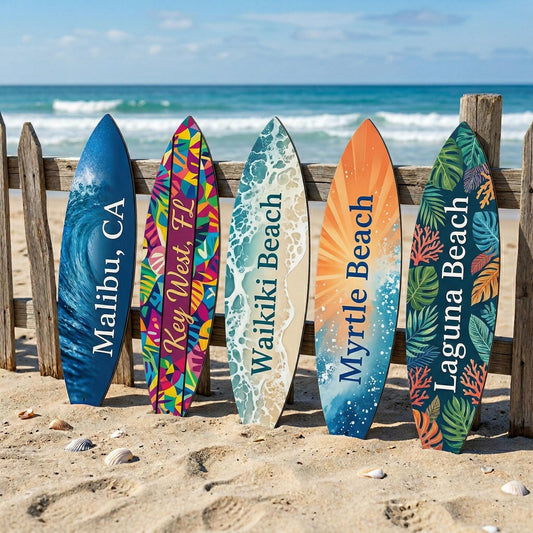 Personalized Beach Surfboard Metal Sign – Custom Beach Name Coastal Wall Decor, Gift For Beach House Or Surfer