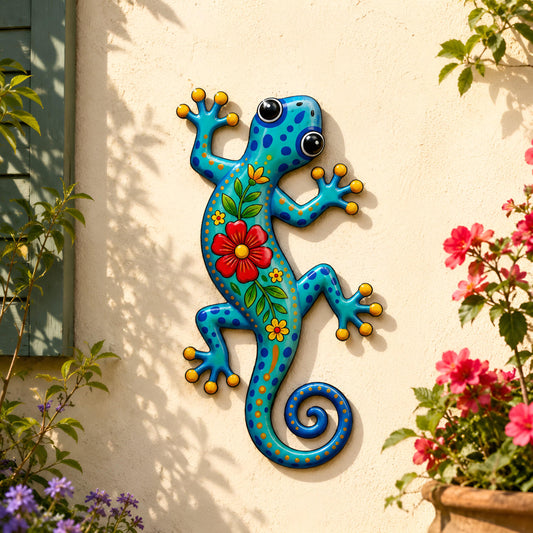Colorful Gecko Metal Wall Art – Tropical Floral Lizard Garden Decor, Gift For Patio Fence Or Outdoor Wall