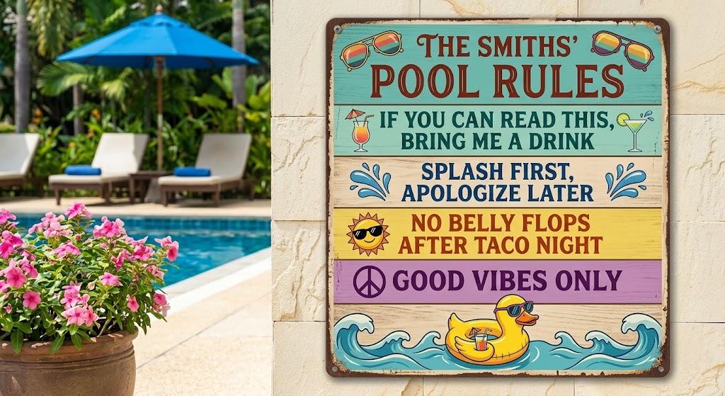 Personalized Pool Rules Metal Sign – Custom Family Name Plaque, Gift For Pool Owner