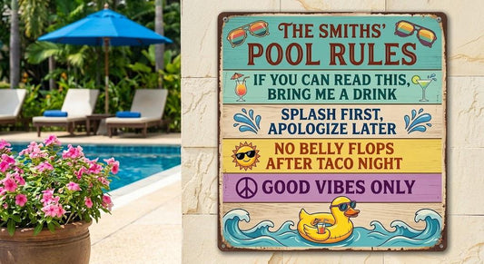 Personalized Pool Rules Metal Sign – Custom Family Name Plaque, Gift For Pool Owner
