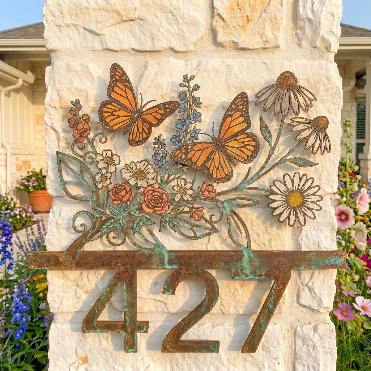 Personalized Butterfly Address Sign – Custom House Number Floral Metal Plaque, Housewarming Gift