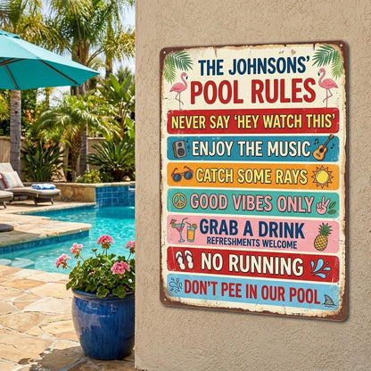 Personalized Pool Rules Metal Sign – Custom Family Name Retro Poolside Wall Decor