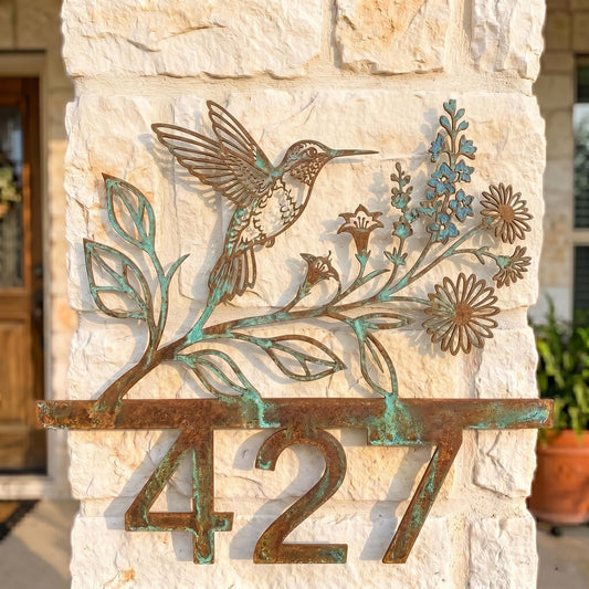 Personalized Hummingbird House Number Sign – Custom Metal Address Plaque With Flowers, Gift For New Homeowner