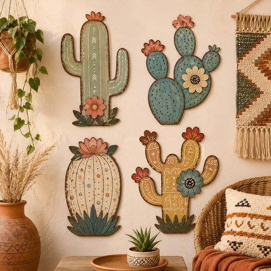 Cactus Metal Wall Art Set – Rustic Southwest Desert Flower Decor, Gift For Boho Or Desert Home