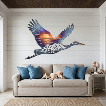 Flying Heron Sunset Metal Wall Art – Coastal Beach House Decor, Gift For Nature Or Bird Lover