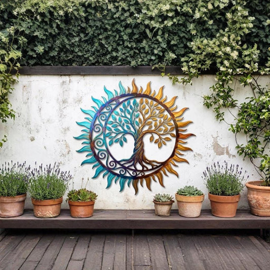 Tree Of Life Sun And Moon Metal Wall Art – Colorful Celestial Round Decor, Gift For Boho Patio Or Garden Wall