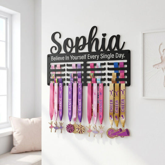 Personalized Medal Display Rack, Custom Name Dance Cheer Trophy Hanger – Minimalist Wall Decor, Gift For Gymnast Girl