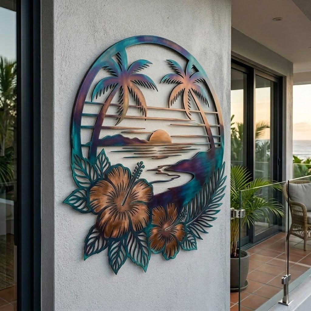 Tropical Sunset Palm Tree Metal Wall Art – Hibiscus Coastal Patio Decor, Gift For Beach Lover