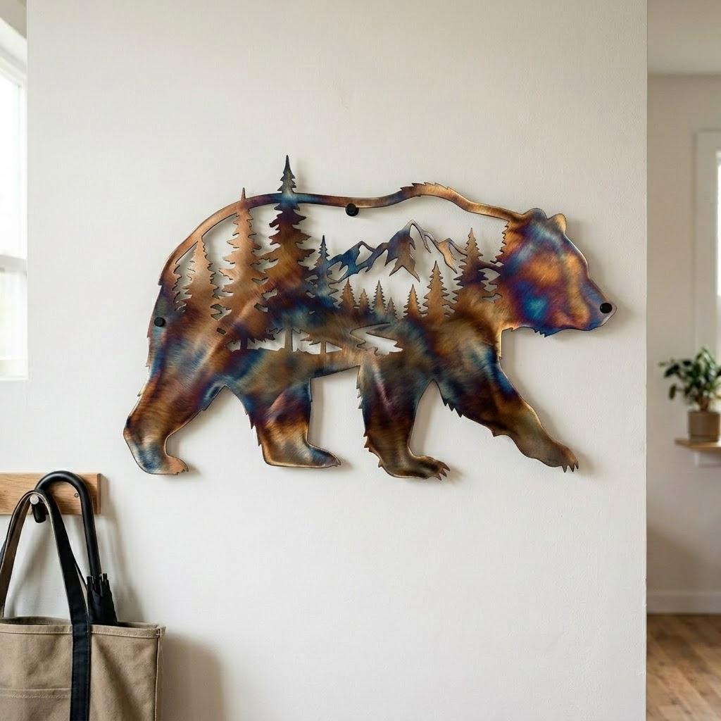 Bear Forest Metal Wall Art – Rustic Wildlife Mountain Sign, Gift For Bear Lover