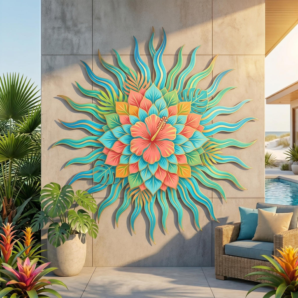 Tropical Hibiscus Sun Metal Wall Art – Colorful Coastal Flower Sculpture, Gift For Poolside Patio Or Beach House