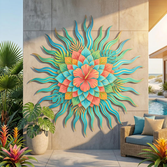 Tropical Hibiscus Sun Metal Wall Art – Colorful Coastal Flower Sculpture, Gift For Poolside Patio Or Beach House