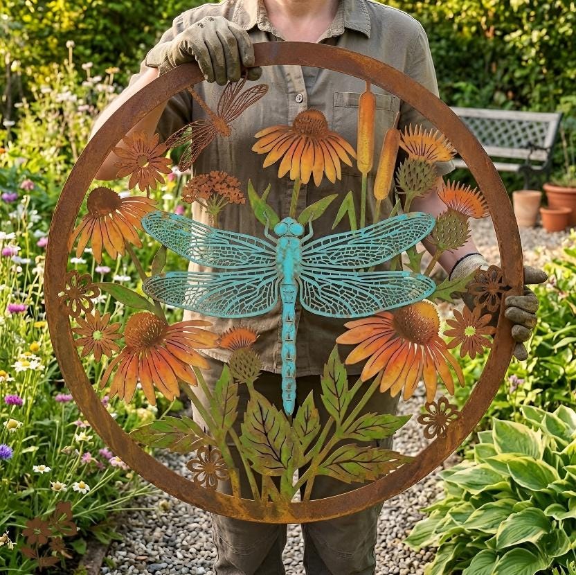 Dragonfly Metal Wall Art – Coneflower Garden Round Decor, Gift For Nature Lovers