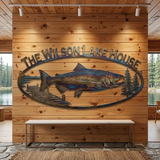 Personalized Lake House Metal Sign – Custom Family Name Fish And Dock Wall Art, Gift For Cabin Or Fisherman