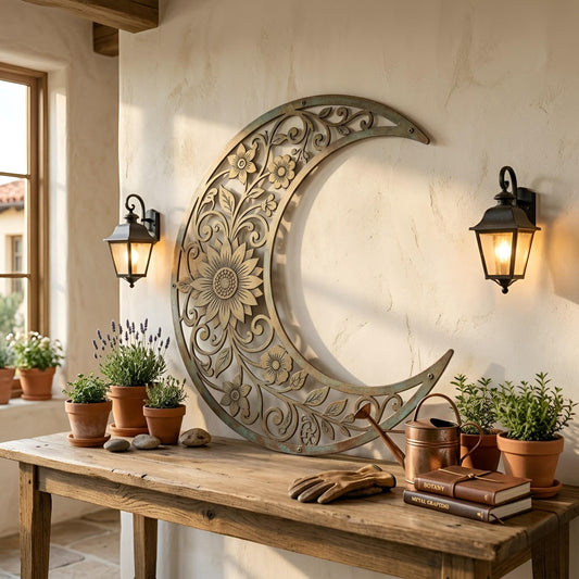 Floral Crescent Moon Metal Wall Art – Sunflower Celestial Patina Decor, Boho Housewarming Gift For Garden Or Entryway