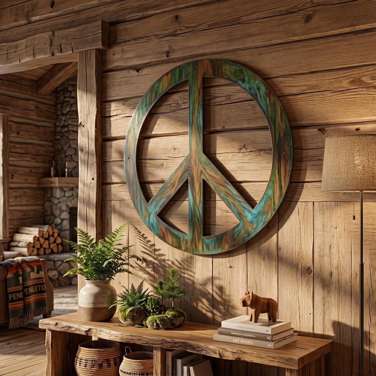 Peace Sign Metal Wall Art – Rustic Verdigris Patina Plaque, Retro Cabin Gift