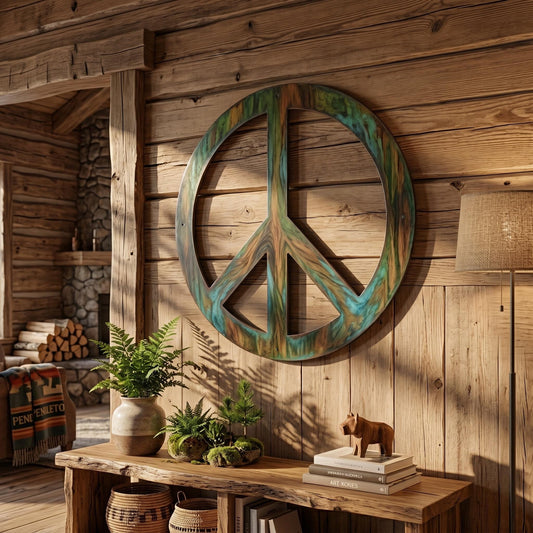 Peace Sign Metal Wall Art – Rustic Verdigris Patina Plaque, Retro Cabin Gift