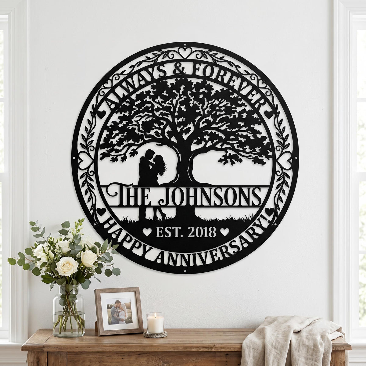 Personalized Anniversary Metal Sign – Custom Family Name & Est. Date Tree Wall Decor