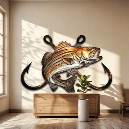 Fishing Hook Metal Wall Art – Bass Fish Rustic Sign, Gift For Fisherman