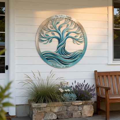 Personalized Coastal Tree Of Life Metal Sign – Custom Family Name And Est Date Plaque, Wedding Anniversary Gift