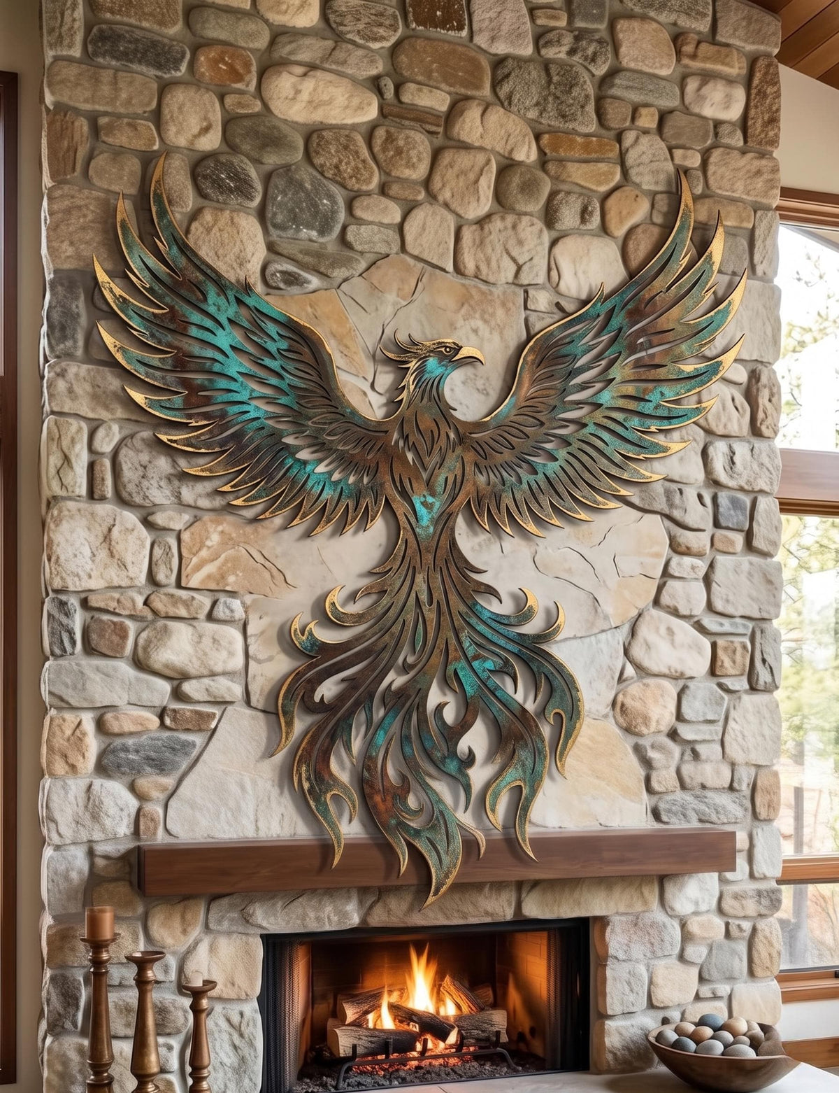 Phoenix Metal Wall Art – Large Rustic Patina Firebird Sculpture, Gift For Living Room Fireplace Or Housewarming