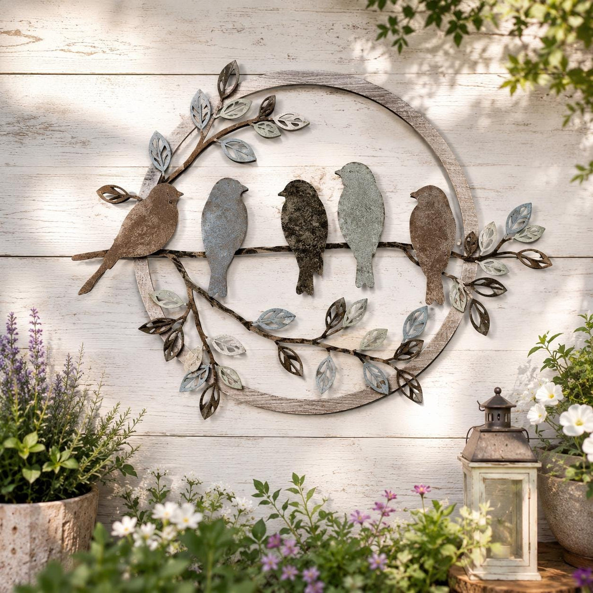 Birds On A Branch Round Metal Wall Art – Rustic Wreath Nature Sign, Gift For Bird Lovers