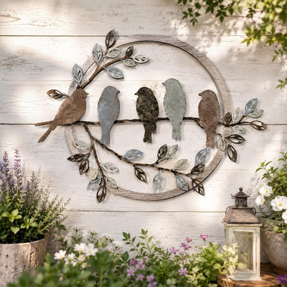 Birds On A Branch Round Metal Wall Art – Rustic Wreath Nature Sign, Gift For Bird Lovers