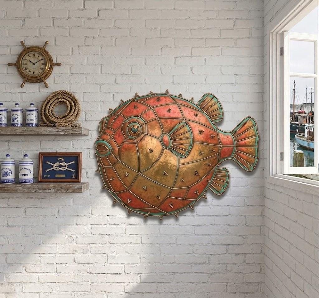 Tropical Puffer Fish Metal Wall Art – Coastal Nautical Sign, Gift For Beach House Lover