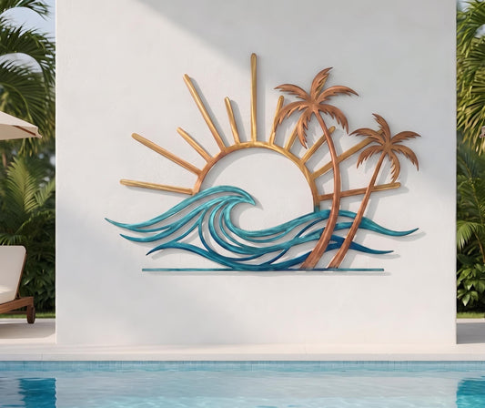 Tropical Sunset Palm Tree Metal Wall Art – Ocean Wave Poolside Decor, Gift For Beach House Or Patio