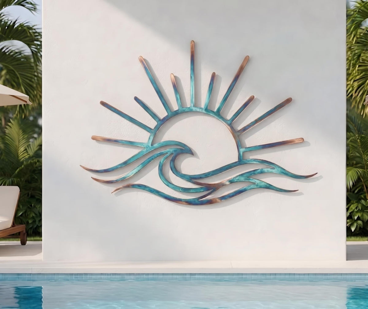 Sunrise Over Ocean Waves Metal Wall Art – Coastal Patina Sunburst Decor, Gift For Poolside Patio Or Beach House