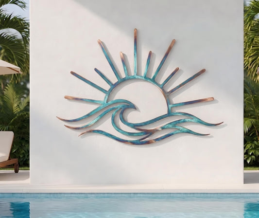 Sunrise Over Ocean Waves Metal Wall Art – Coastal Patina Sunburst Decor, Gift For Poolside Patio Or Beach House