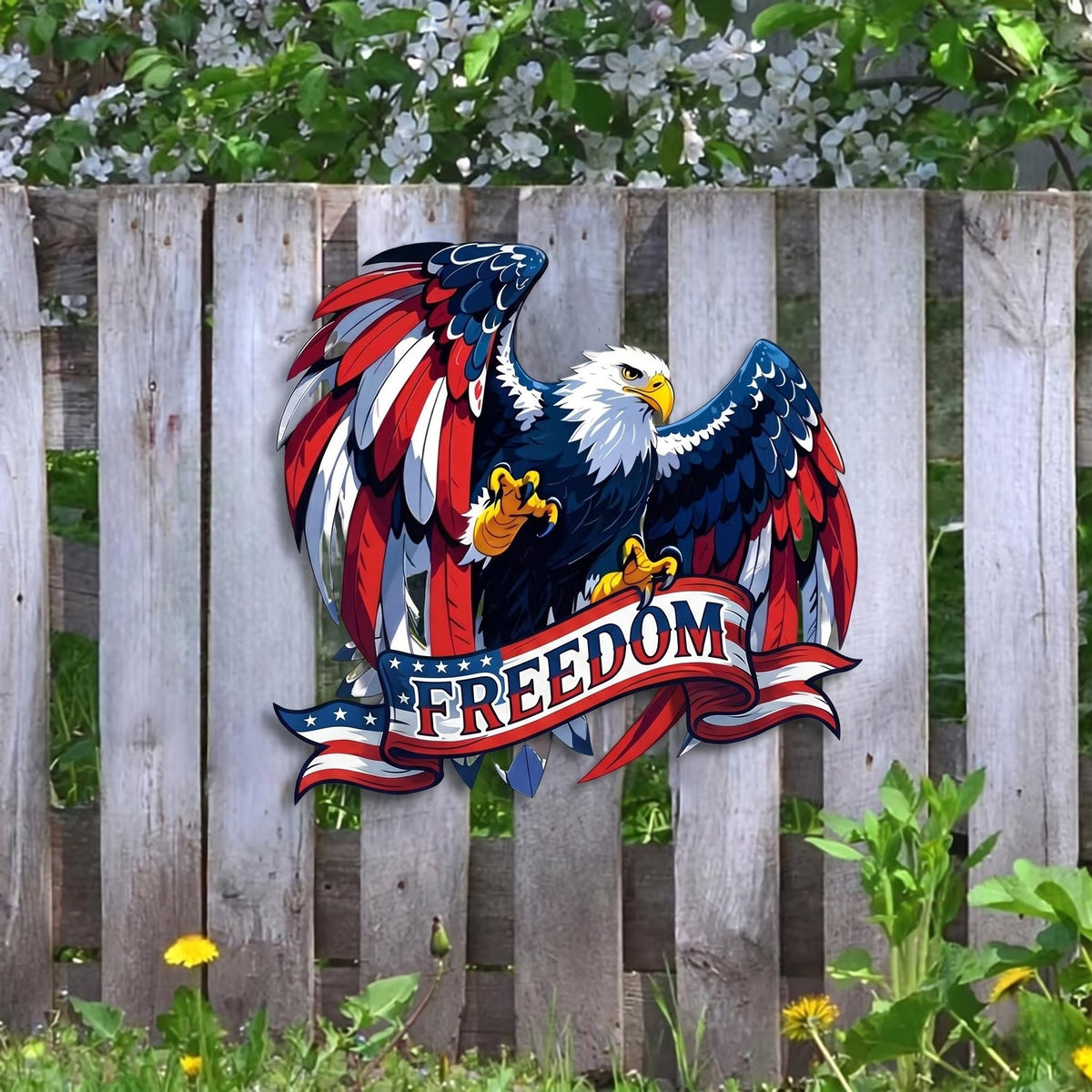 American Eagle Freedom Metal Sign – Patriotic Flag Wing Outdoor Wall Art, Gift For Veteran Fence Or Garden Decor